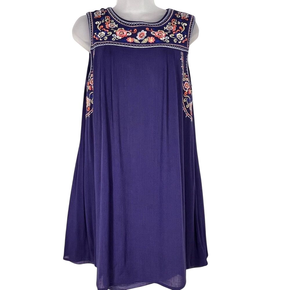 Boho Embroidered Swing Dress Navy Floral Yoke Cottagecore Festival M En Crème